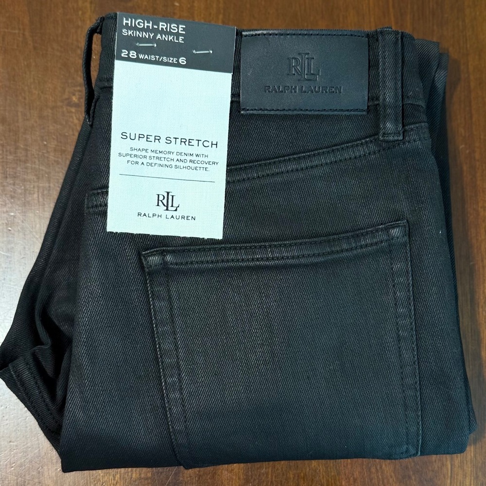 Lauren Ralph Lauren Womens Coated Skinny Jeans 6 Black High Rise Ankle Moto Chic
